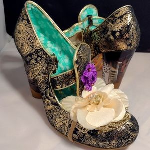 Irregular choice black and gold Mary Jane heels with retro flower accents